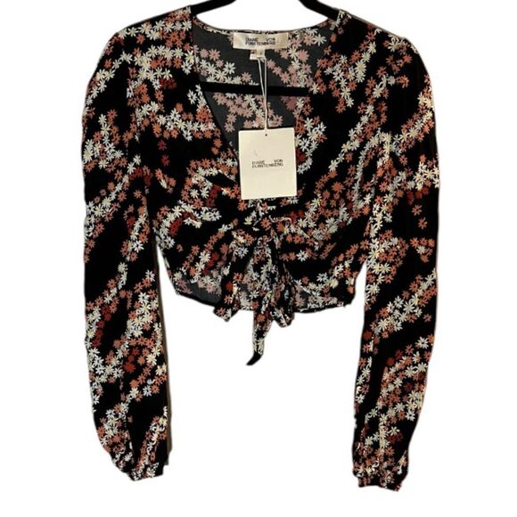 NEW Diane Von Furstenberg Zoie Black Floral Knot-Front Crop Top Blouse Size 2 - Picture 3 of 9